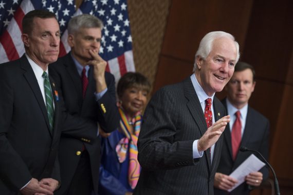 Senate Majority Whip John Cornyn, R-Texas, speaks in favor of mental health reform legislation on Monday. Also appearing are, from left, Rep. Tim Murphy, R-Pa., Sen. Bill Cassidy, R-La., Rep. Eddie Bernice Johnson, D-Texas, and Sen. Chris Murphy, D-Conn.